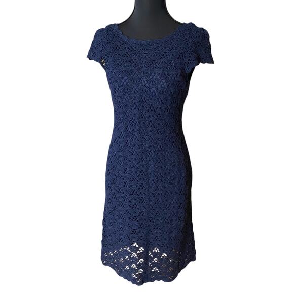 New Directions Elegant Navy Crochet Dress with cap sleeves petite medium cotton - Picture 1 of 10